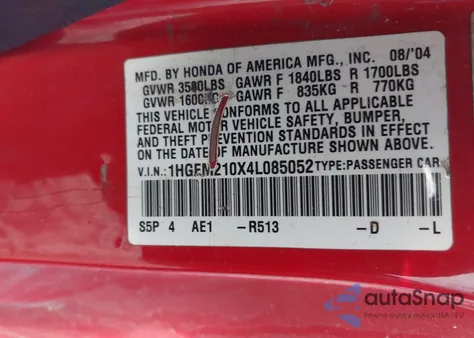 2004 Honda Civic Ex z USA, uszkodzony, nr VIN 1HGEM210X4L085052